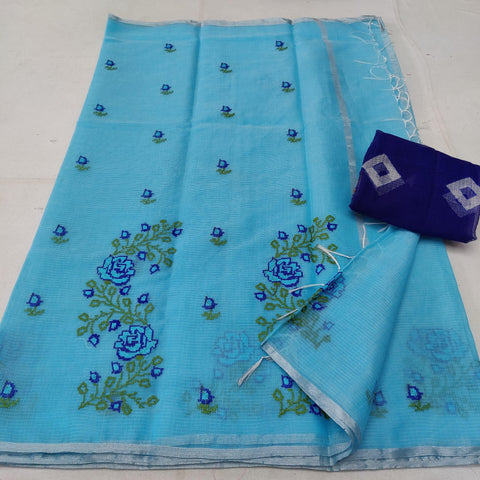 Kota Doria Cotton Embroidered Saree With Contrast Blouse - Blue - Trend In Need