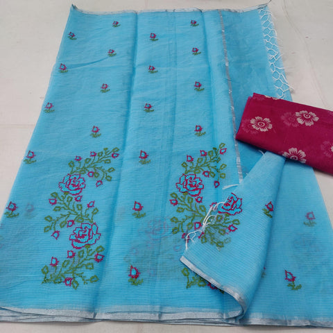 Kota Doria Cotton Embroidered Saree With Contrast Blouse - Blue - Trend In Need