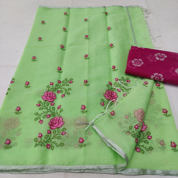 Kota Doria Cotton Embroidered Saree With Contrast Blouse - Green Saree with Pink Blouse
