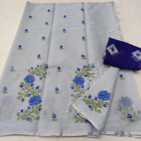 Kota Doria Cotton Embroidered Saree With Contrast Blouse - Grey - Trend In Need
