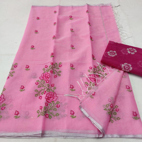 Kota Doria Cotton Embroidered Saree With Contrast Blouse - Pink - Trend In Need