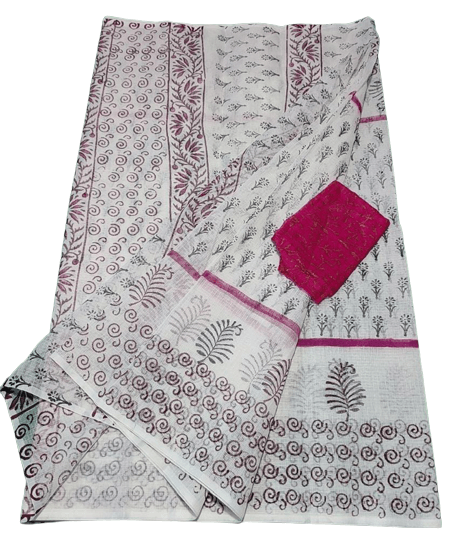Block Printed Kota Doria Saree - White Colour