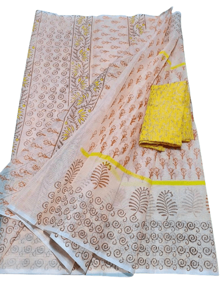 Block Printed Kota Doria Saree - Yellow Colour