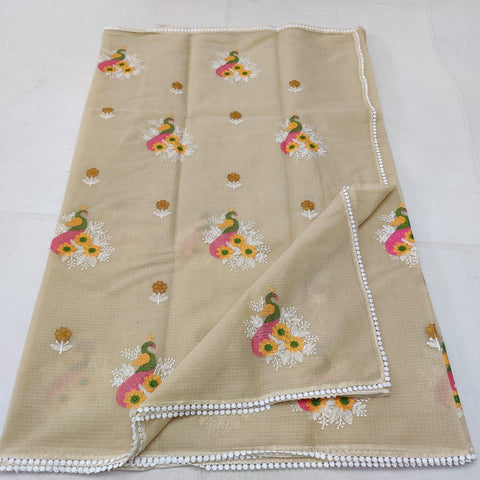 Kota Doria Embroidered Cotton Saree - Beige - Trend In Need