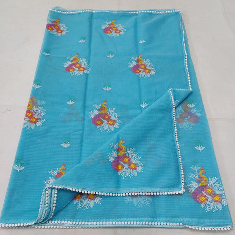 Kota Doria Embroidered Cotton Saree - Blue - Trend In Need