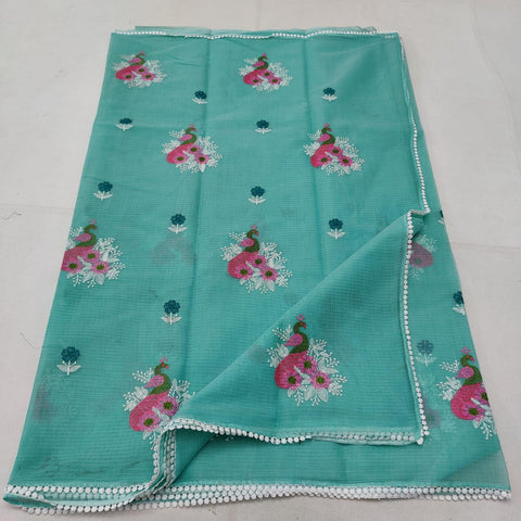Kota Doria Embroidered Cotton Saree - Blue - Trend In Need