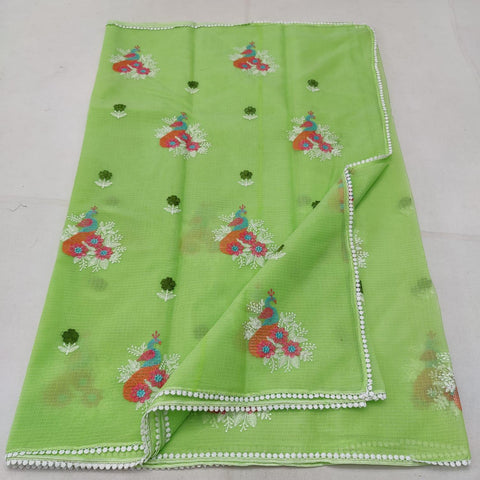Kota Doria Embroidered Cotton Saree - Green - Trend In Need