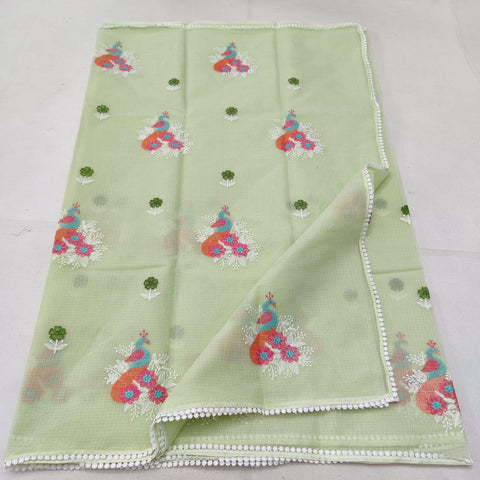 Kota Doria Embroidered Cotton Saree - Green - Trend In Need