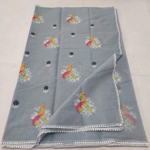 Kota Doria Embroidered Cotton Saree - Grey - Trend In Need