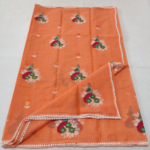 Kota Doria Embroidered Cotton Saree - Orange - Trend In Need