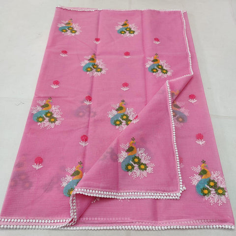 Kota Doria Embroidered Cotton Saree - Pink - Trend In Need