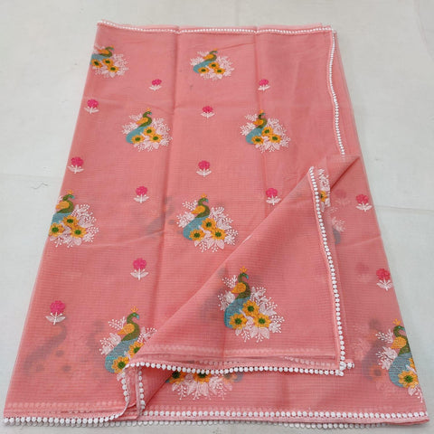 Kota Doria Embroidered Cotton Saree - Pink - Trend In Need