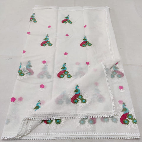 Kota Doria Embroidered Cotton Saree - White - Trend In Need
