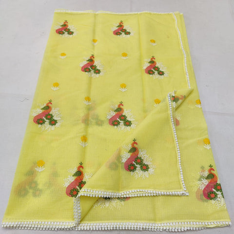 Kota Doria Embroidered Cotton Saree - Yellow - Trend In Need