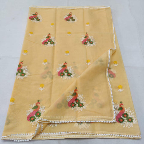 Kota Doria Embroidered Cotton Saree - Yellow - Trend In Need