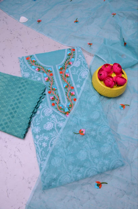Kota Doria Embroidered Dress Material - Blue Color - Trend In Need