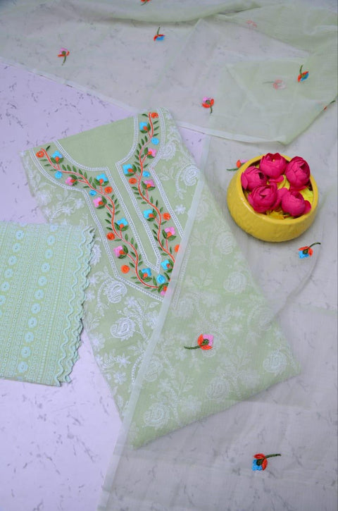 Kota Doria Embroidered Dress Material - Green Color - Trend In Need