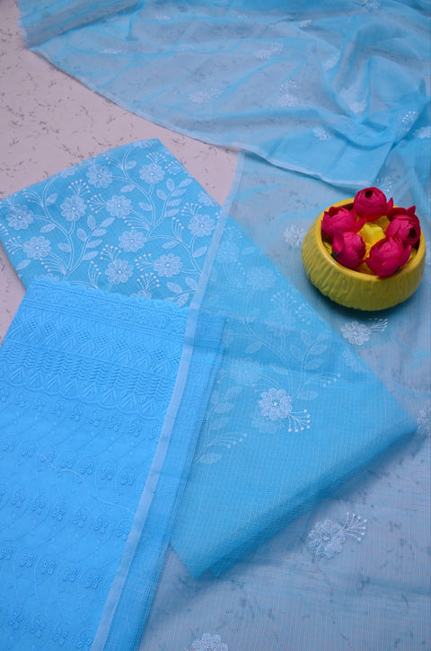 Kota Doria Embroidered Suits - Blue - Trend In Need