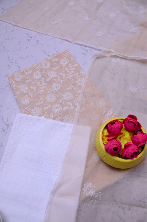Kota Doria Embroidered Suits - Cream - Trend In Need