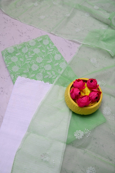 Kota Doria Embroidered Suits - Green - Trend In Need