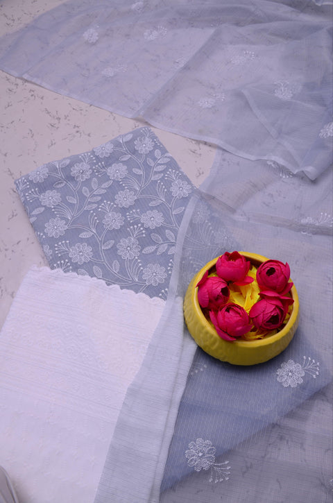 Kota Doria Embroidered Suits - Grey - Trend In Need
