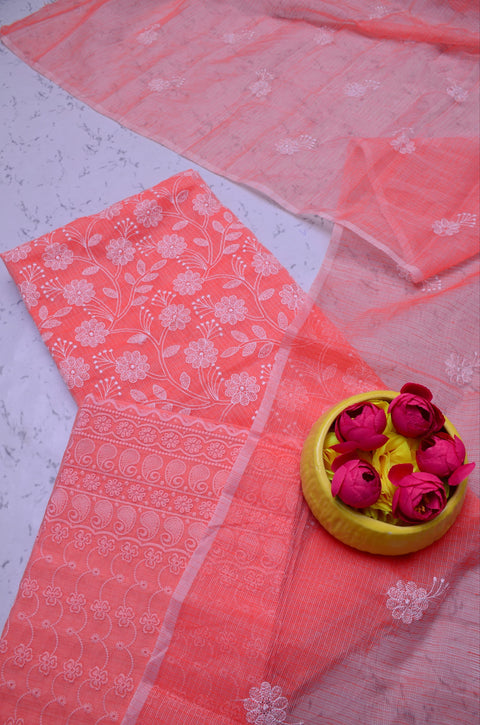 Kota Doria Embroidered Suits - Peach - Trend In Need