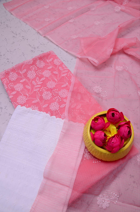 Kota Doria Embroidered Suits - Pink - Trend In Need