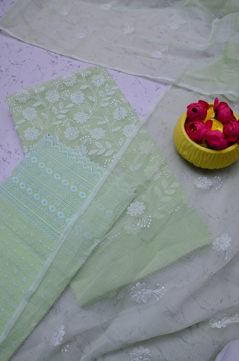 Kota Doria Embroidered Suits - Pista Green - Trend In Need