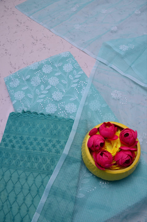 Kota Doria Embroidered Suits - Sky Blue - Trend In Need