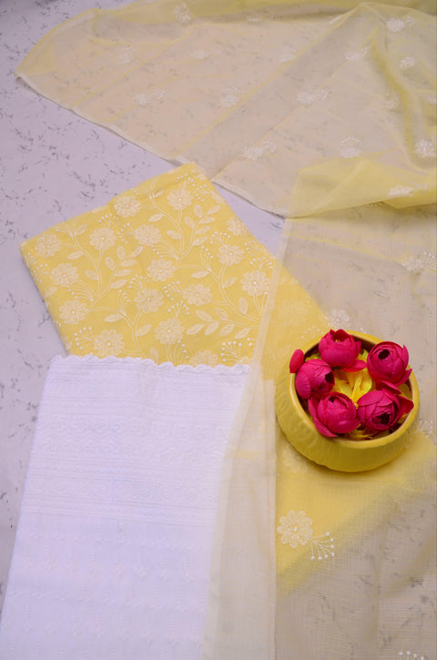 Kota Doria Embroidered Suits - Yellow - Trend In Need