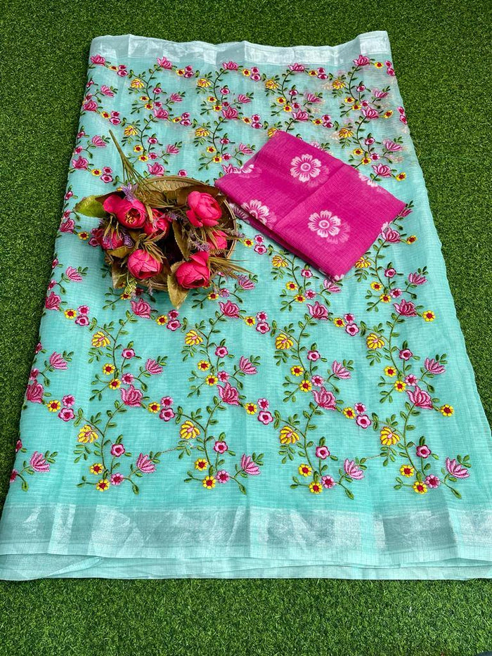 Kota Doria Embroidery Saree - Blue Color