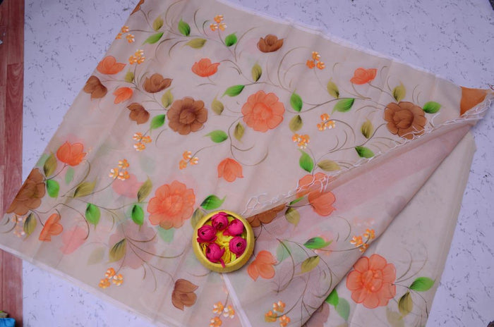 Kota Doria Hand Painted Saree - Beige Color