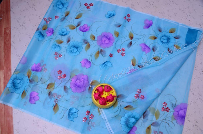 Kota Doria Hand Painted Saree - Blue Color