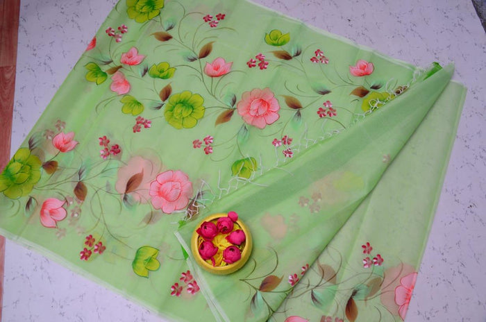Kota Doria Hand Painted Saree - Green Color