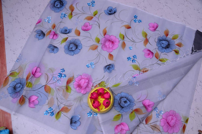 Kota Doria Hand Painted Saree - Lavender Color