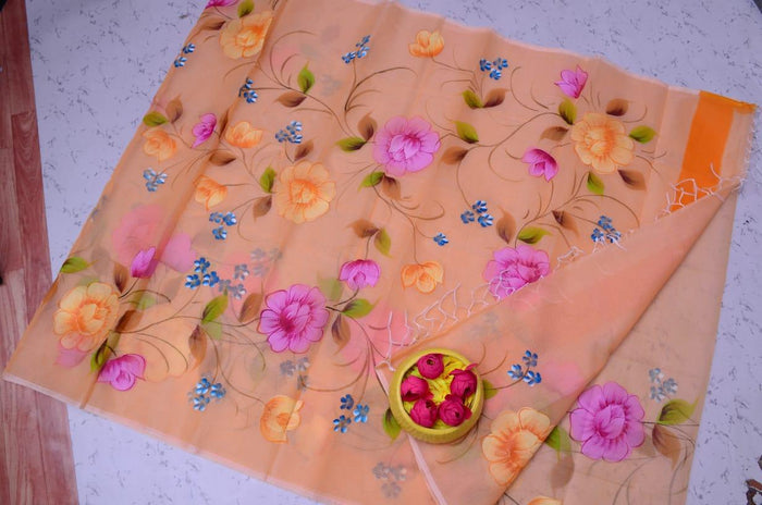 Kota Doria Hand Painted Saree - Peach Color