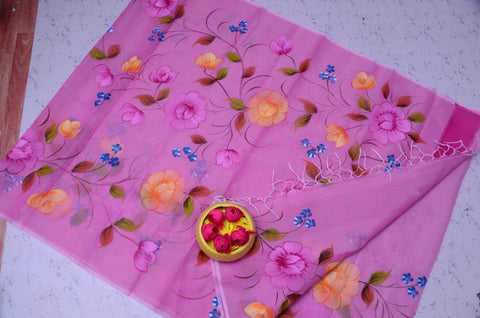 Kota Doria Hand Painted Saree - Pink Color - Trend In Need