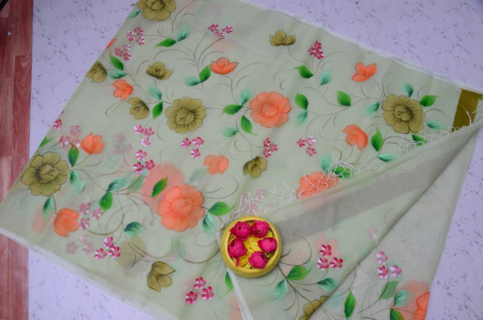 Kota Doria Hand Painted Saree - Pista Green Color