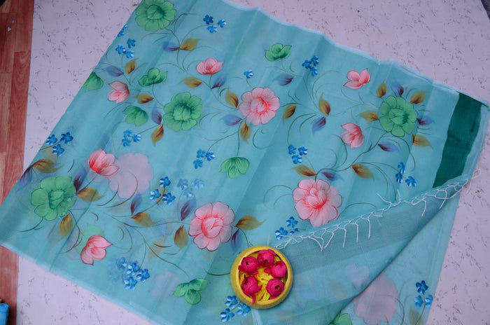 Kota Doria Hand Painted Saree - Sea Green Color