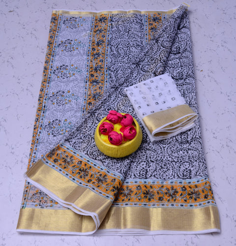 Kota Doria Pure Cotton Hand Block Printed Saree - Black Color - Trend In Need