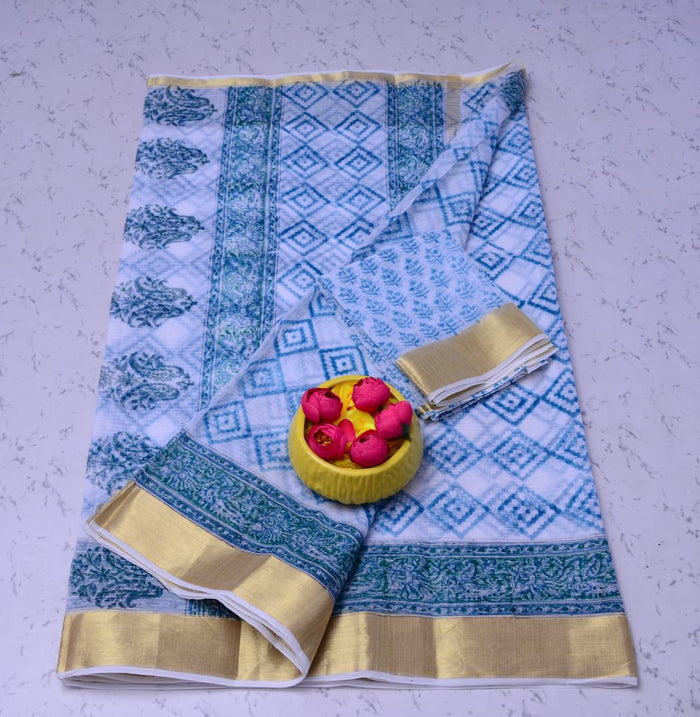 Kota Doria Pure Cotton Hand Block Printed Saree - Blue Color
