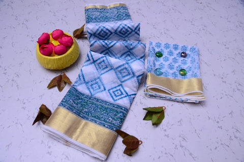 Kota Doria Pure Cotton Hand Block Printed Saree - Blue Color - Trend In Need