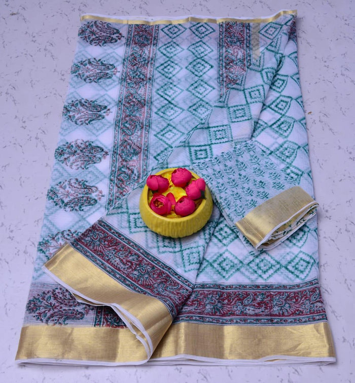 Kota Doria Pure Cotton Hand Block Printed Saree- Green Color