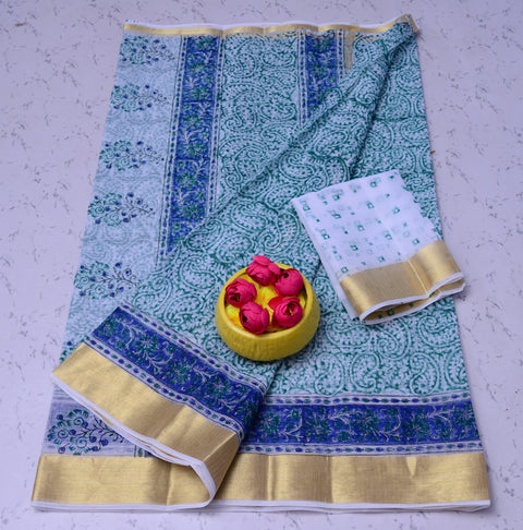 Kota Doria Pure Cotton Hand Block Printed Saree - Green Color - Trend In Need