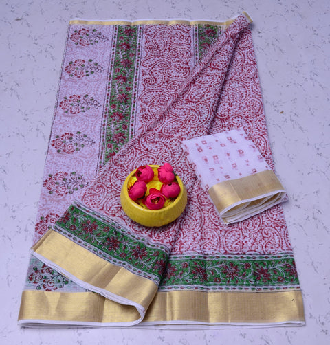 Kota Doria Pure Cotton Hand Block Printed Saree - Red Color - Trend In Need