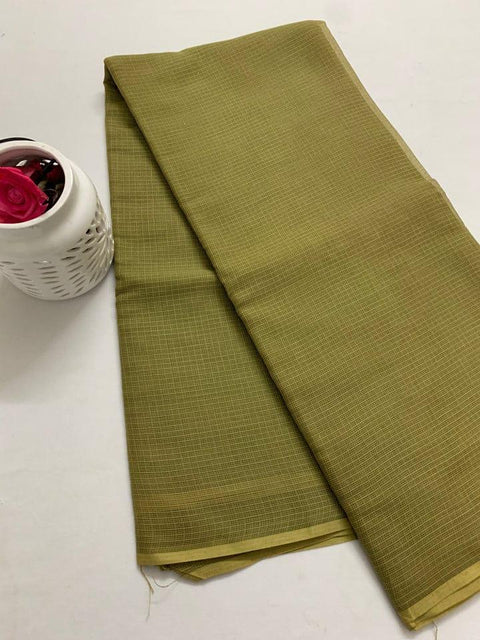 Kota Doria Pure Cotton Plain Saree - Olive - Trend In Need