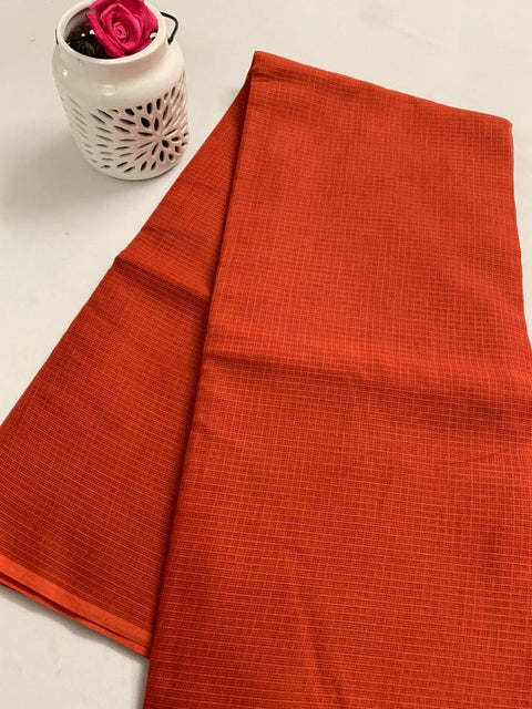 Kota Doria Pure Cotton Plain Saree - Orange - Trend In Need