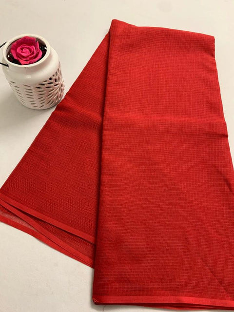 Kota Doria Pure Cotton Plain Saree - Red - Trend In Need