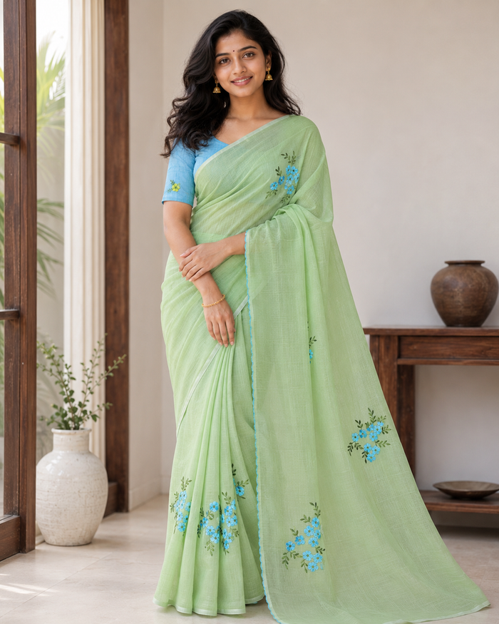 Embroidered Work Kota Doria Cotton Sarees - Green Blue Color