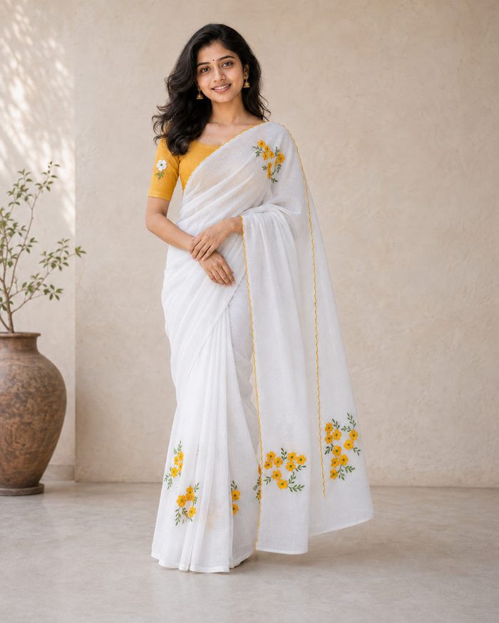Embroidered Work Kota Doria Cotton Sarees - White Yellow Color